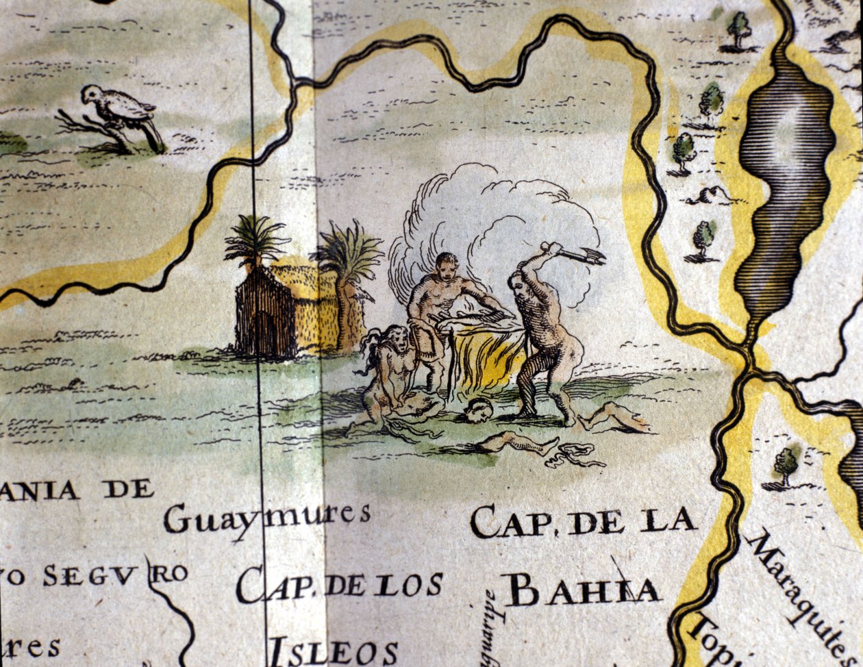 Brasil. Kannibaler som representerer en mann med en øks. Detalj av et kart over Atlas of W. Blaeu av Willem Blaeu