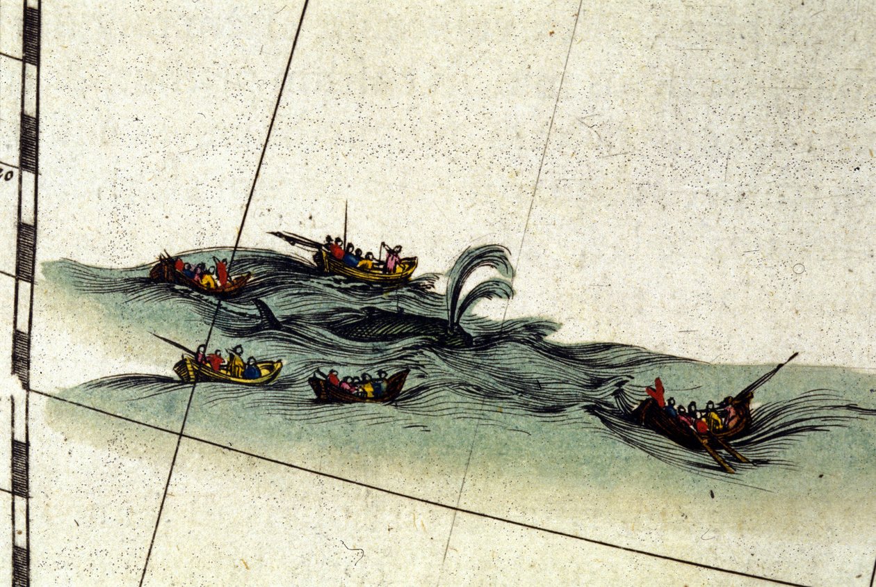 Bretonske fiskere jakter hvalen med håndharpunen. Detalj fra William Blaeus Atlas, trykt i Amsterdam i 1665 av Willem Blaeu