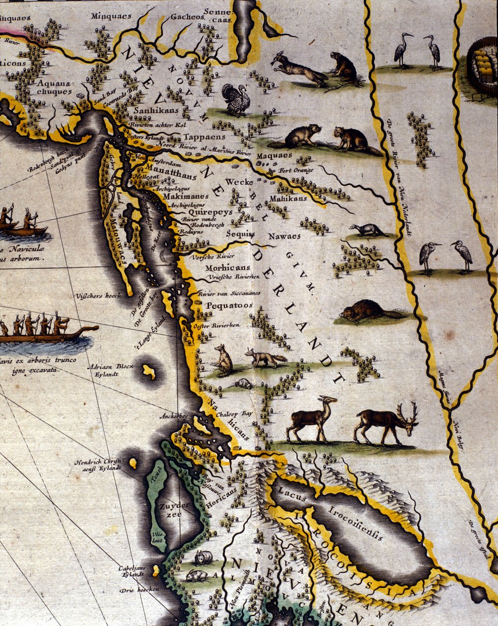 Geografisk kart over nederlandsk atlas fra 1600-tallet av Wilhelm Blaeu (1571-1638) som viser amerikanske og kanadiske territorier pelsdyrfolk. Norden ligger under etter middelalderskikk. av Willem Blaeu