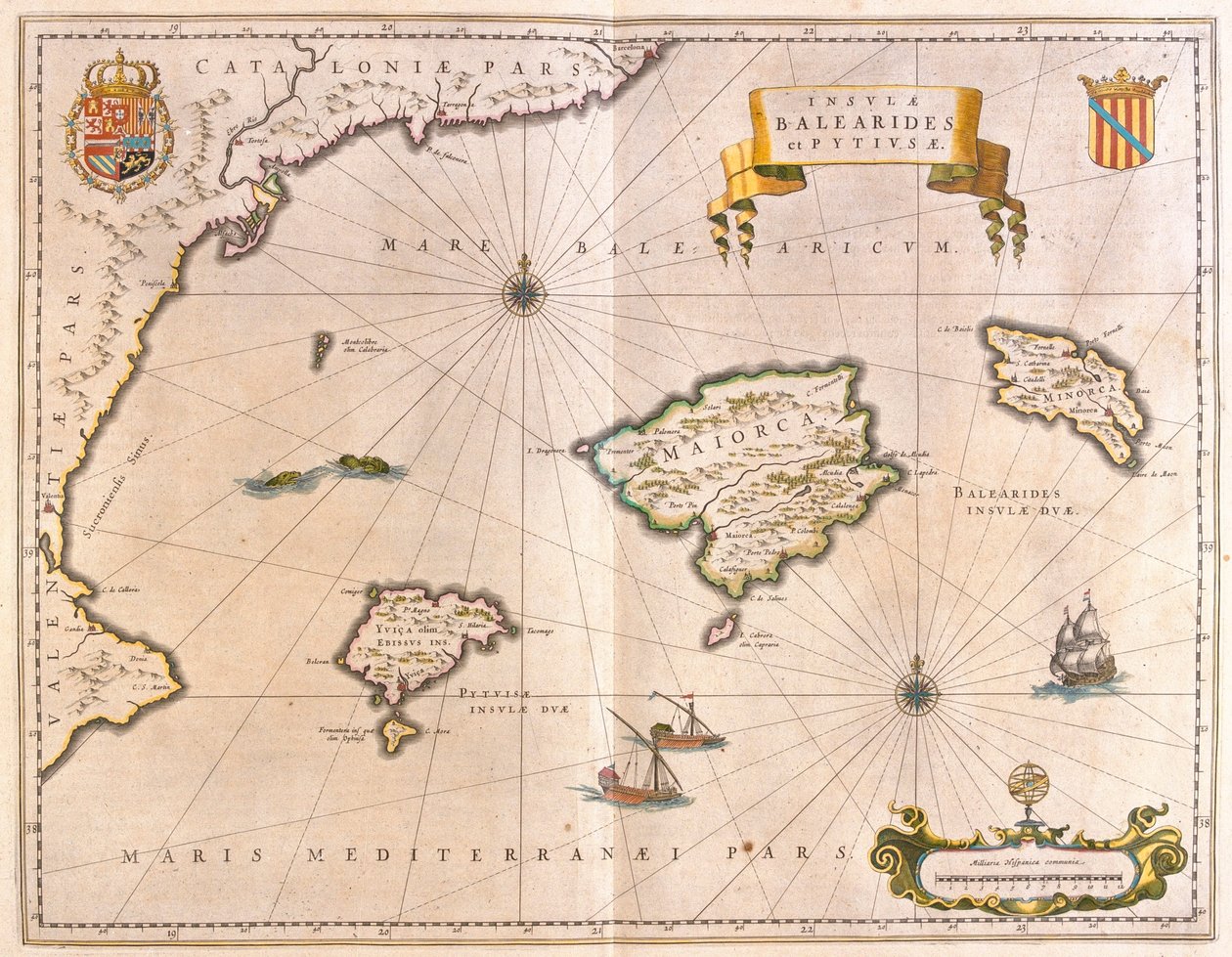 Mallorca, Minorca og Ibiza, inkludert kysten av Catalonia og Valencia, i #39;Theatrum Orbis Terrarum, sive Atlas Novus#39; av Willem Blaeu, Amsterdam av Willem Blaeu