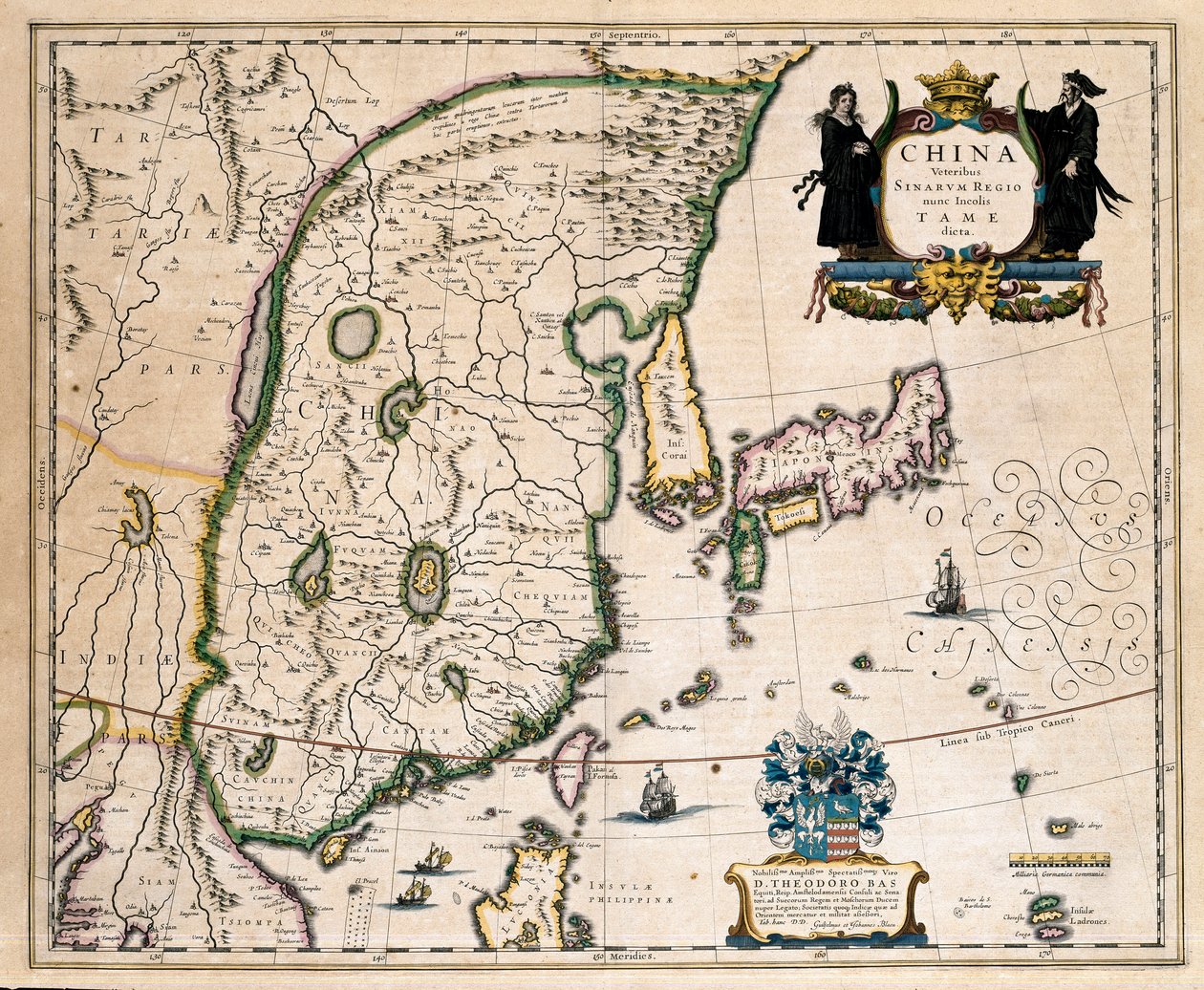 Kart over Kina, Japan og Korea. (gravering av Willem Blaeu