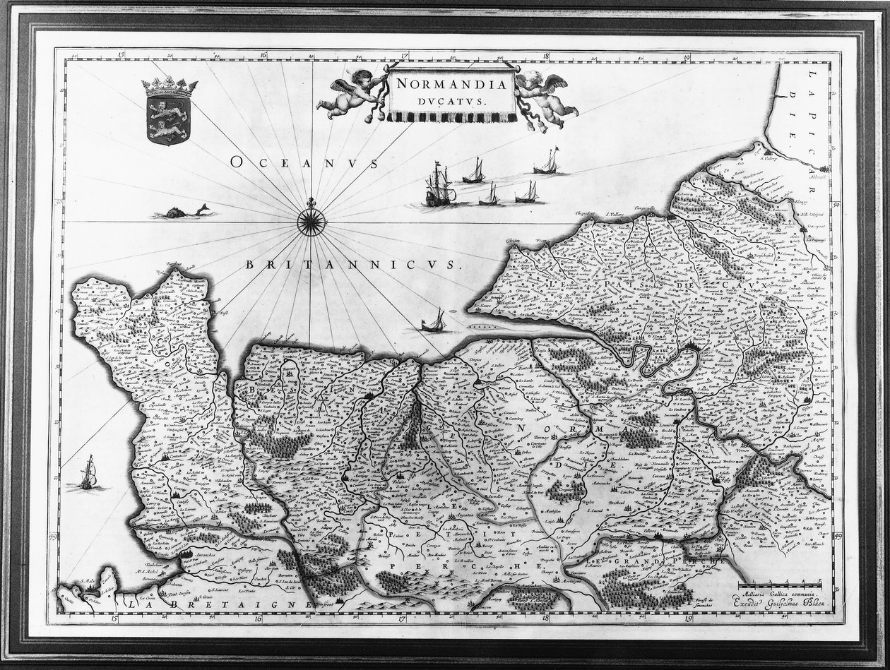 Kart over Normandie etter en illustrasjon fra Theatrum Orbis Terrarum eller Atlas Novus av Willem og Joan Blaeu, plate som representerer Normandie Ducatus av Willem Blaeu