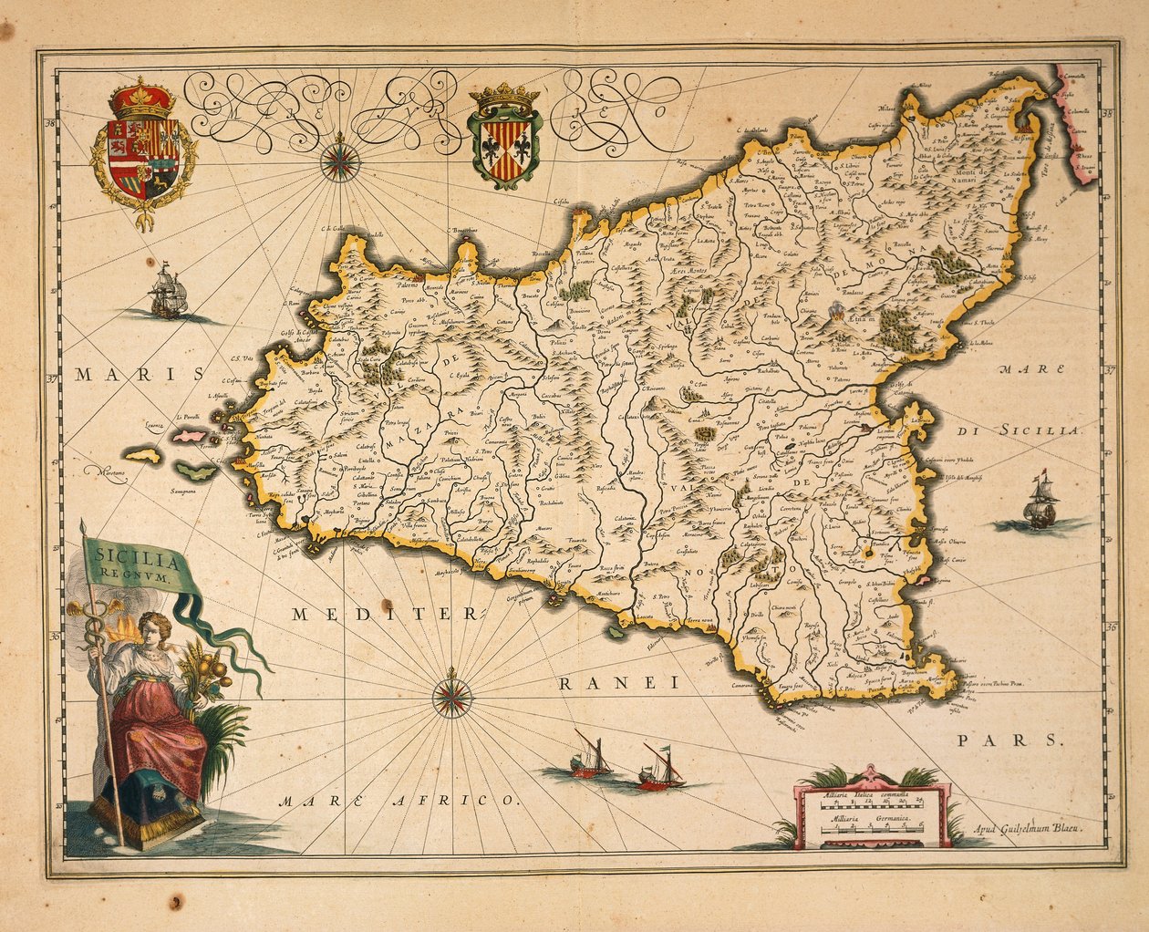 Kart over Sicilia, av Willem Blaeu, fra Regionum Italiae, gravering av Willem Blaeu