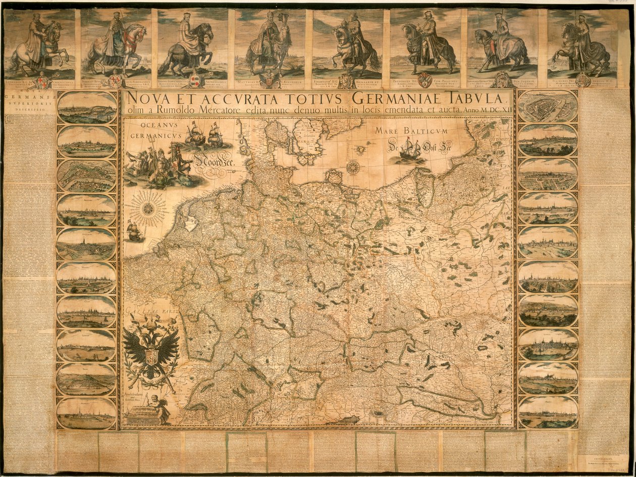 Ny og nøyaktig illustrasjon av Tyskland i sin helhet av Willem Janszoon Blaeu, kobberplate, trykt i Amsterdam av Willem Blaeu