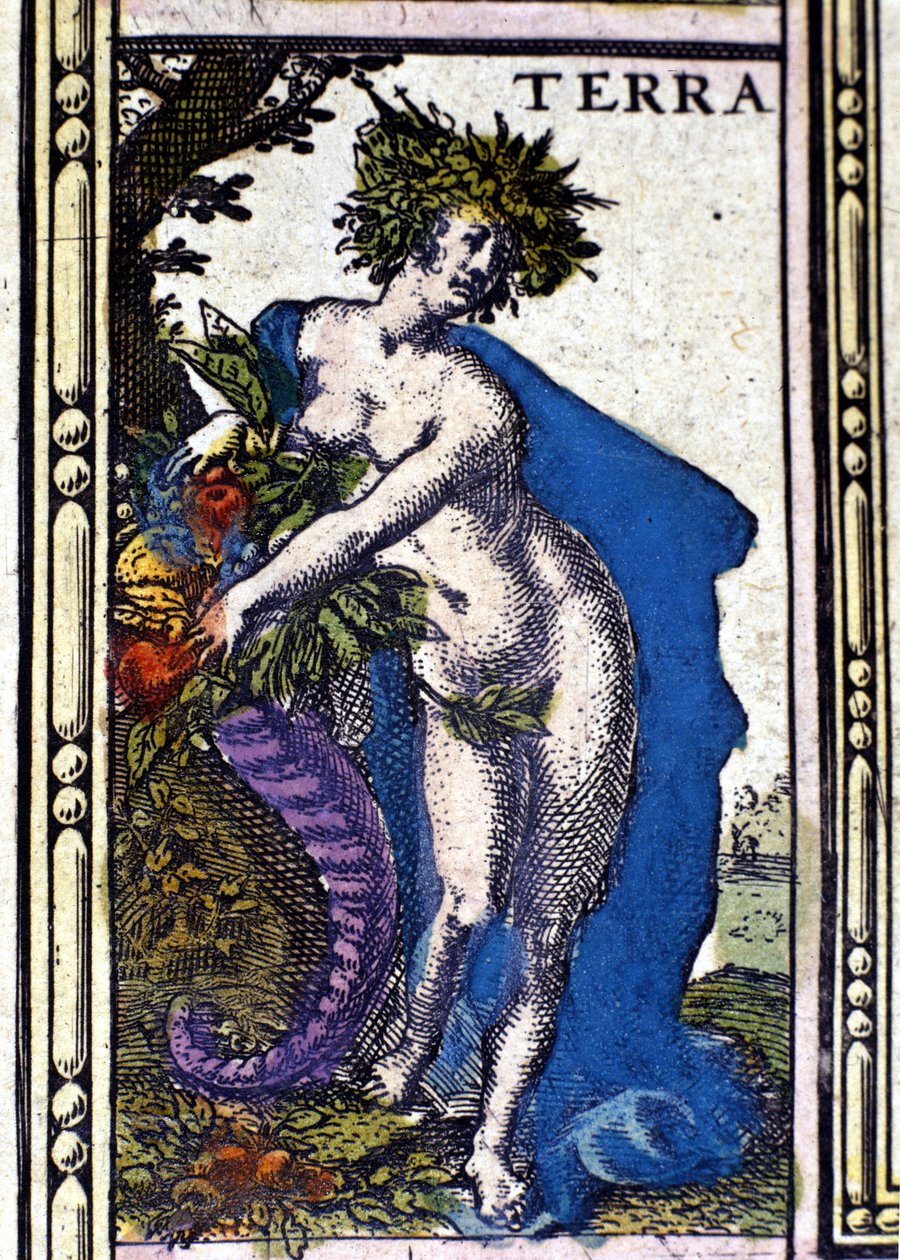 Jorden, et av de fire elementene representert i Atlas of W. Blaeu trykt i Amsterdam i 1655. av Willem Blaeu