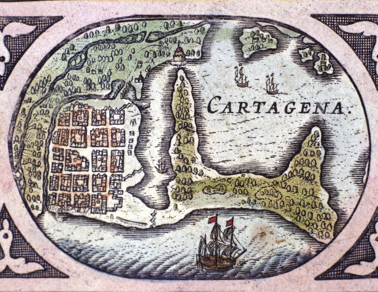 Utsikt over Cartagena i Colombia (Sør-Amerika). Detalj av et kart over Atlas "" Le Theatre du Monde"" av Willem Janszoon Blaeu (1571-1638) av Willem Blaeu
