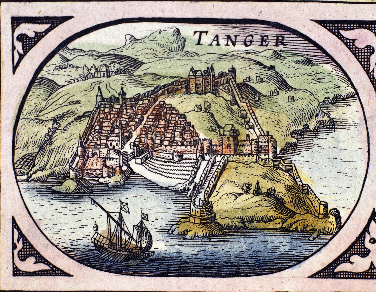 Utsikt over den befestede byen Tanger og kysten, Marokko. Kart fra det nederlandske atlas av W. G. Blaeu, Amsterdam av Willem Blaeu