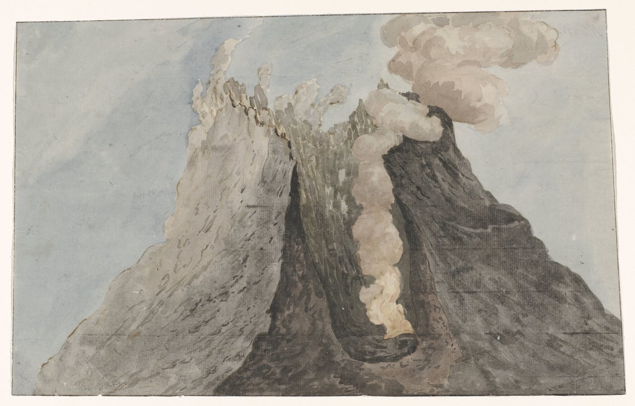 Innside av krater Etna Innvendig utsikt over Etna-krateret (tittel på objekt) Reiser i Italia, Sicilia og Malta - 1778 (serietittel) av Willem Carel Dierkens