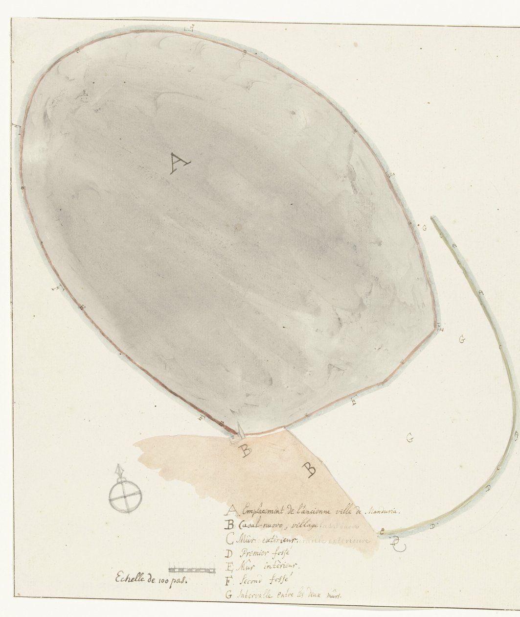 Plattegrunn med størrelser fra gamle stad Manduria Målt plan over den ytre og indre veggen i det gamle Manduria, av Mr. Dierquens Reiser i Italia, Sicilia og Malta - 1778 (serietittel) av Willem Carel Dierkens