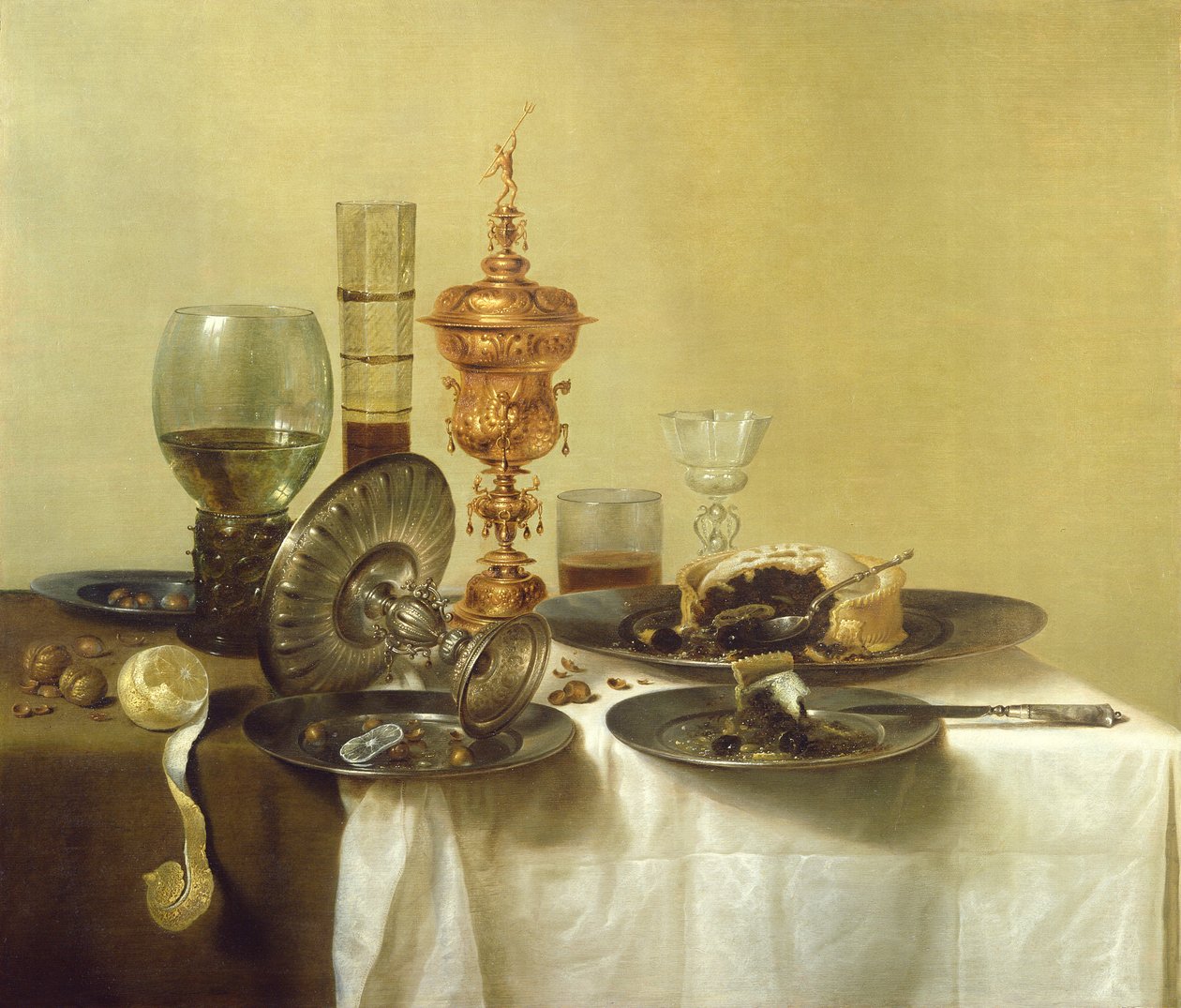 Et stilleben med glass, tallerkener og mat, 1638 av Willem Claesz. Heda
