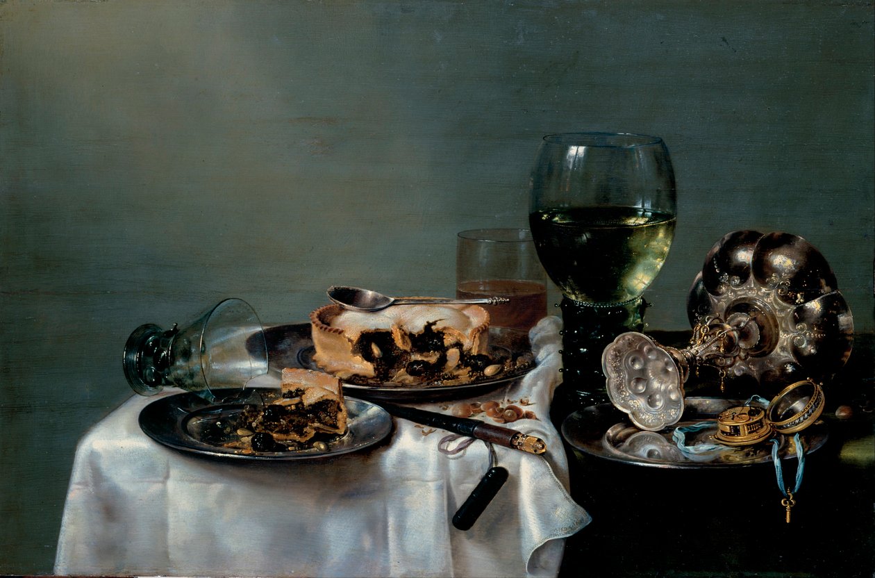 ""Stilleben av frokostbord med bjørnebærpai"" (Frokostbord med bjørnebærpai) Maleri av Willem Claesz Heda (1594-1680) 1631 Dim 54x82 cm Olje på lerret Dresden State Art Collections Dresden av Willem Claesz. Heda