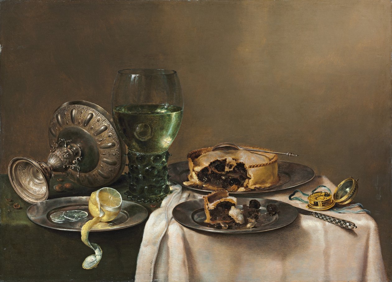 Pronk stilleben, med en roemer, en oppovervendt sølvtazza, en halvskrællet sitron på en tinntallerken, med en pai, en klokke og en kniv, 1631 av Willem Claesz. Heda