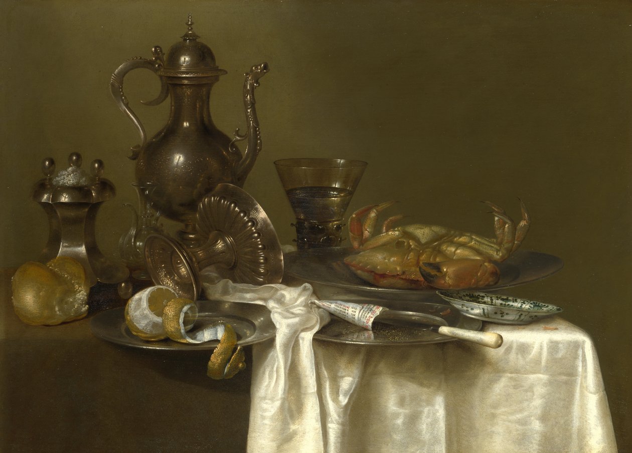 Stilleben: Tinn, sølvkar og en krabbe, ca 1636 av Willem Claesz. Heda