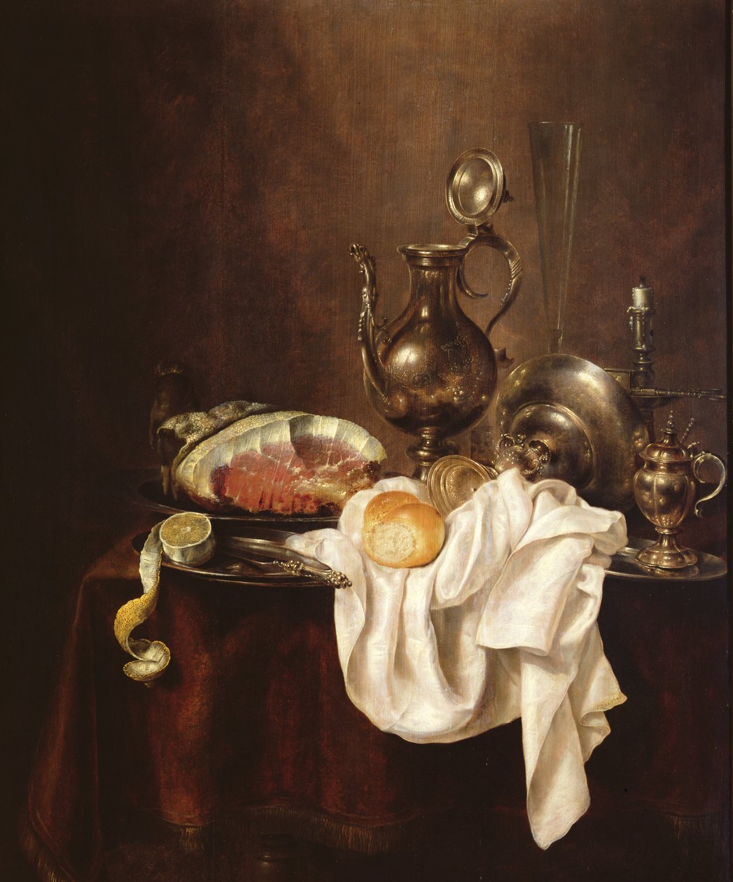 Stilleben av skinke og sølvplate av Willem Claesz. Heda