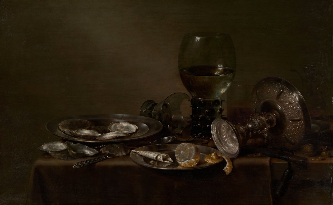 Stilleben med østers, en sølvtazza og glass, 1635. av Willem Claesz. Heda