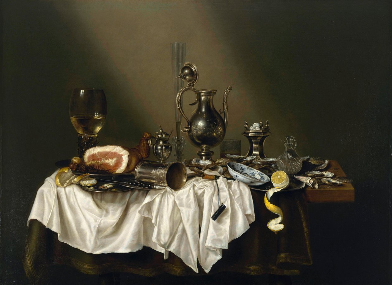 ""Table de bankett avec jambon"" (Banquet Piece with Skinke) Peinture de Willem Claesz (Claeszoon) Heda (1594-1680) - 1656 - Olje på lerret Dim 111x152 cm Museum of Fine Arts, Houston av Willem Claesz. Heda