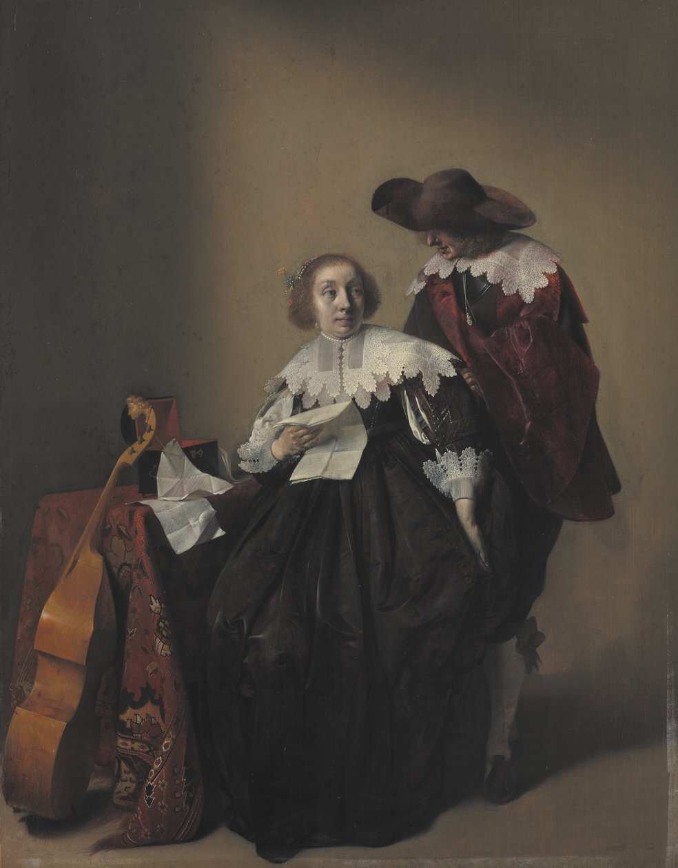 En sittende kvinne med et brev, en herre som står ved henne av Willem Cornelisz Duyster