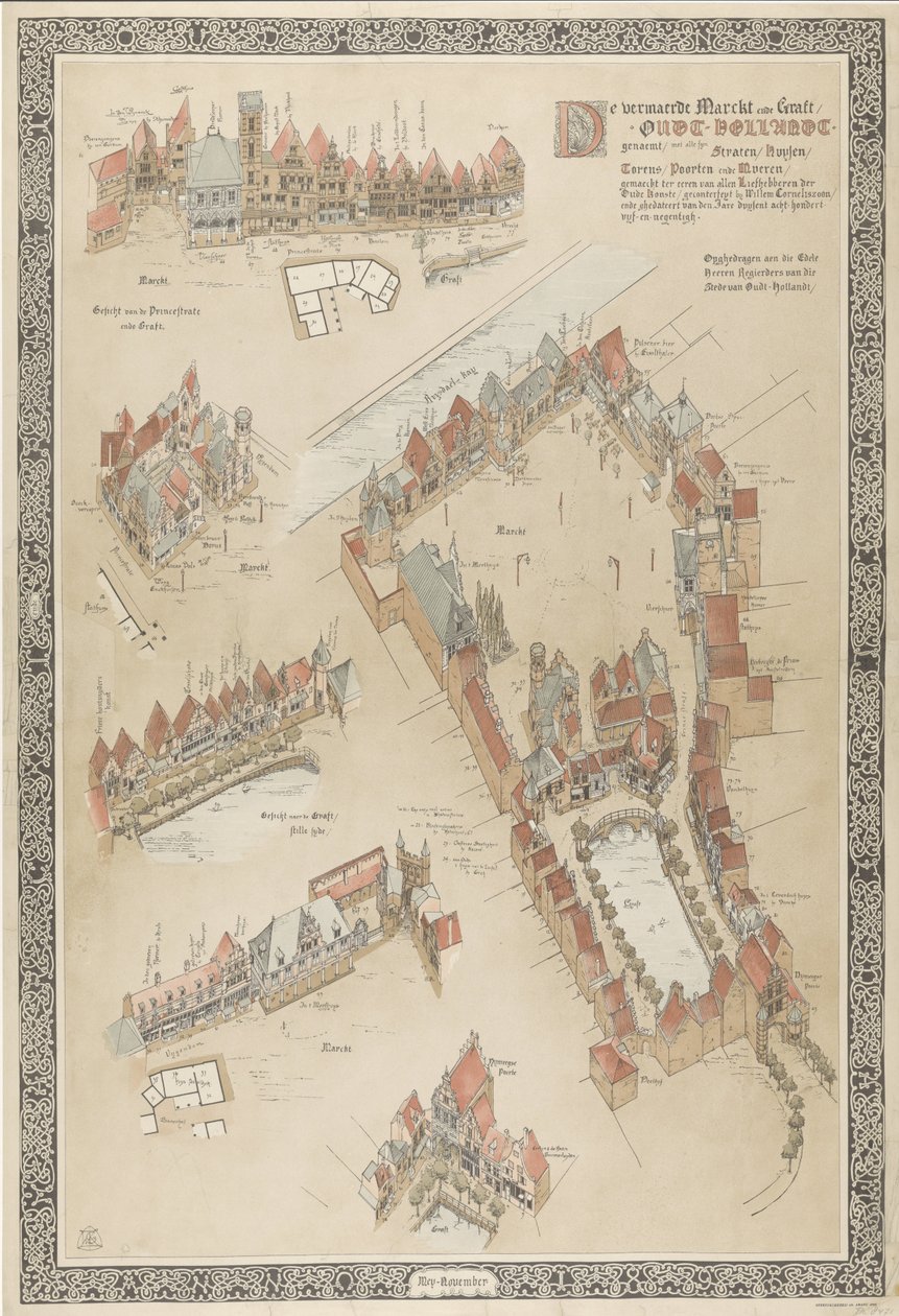 Kart over Oud-Holland, 1895 Den vermaerde Marckt ende Graft / Oudt-Hollandt genaemt / med alle syn Straten / Huysen (...) laget til ære for alle elskere av antikkens kunst (...). (tittel på vare) av Willem Corneliszoon
