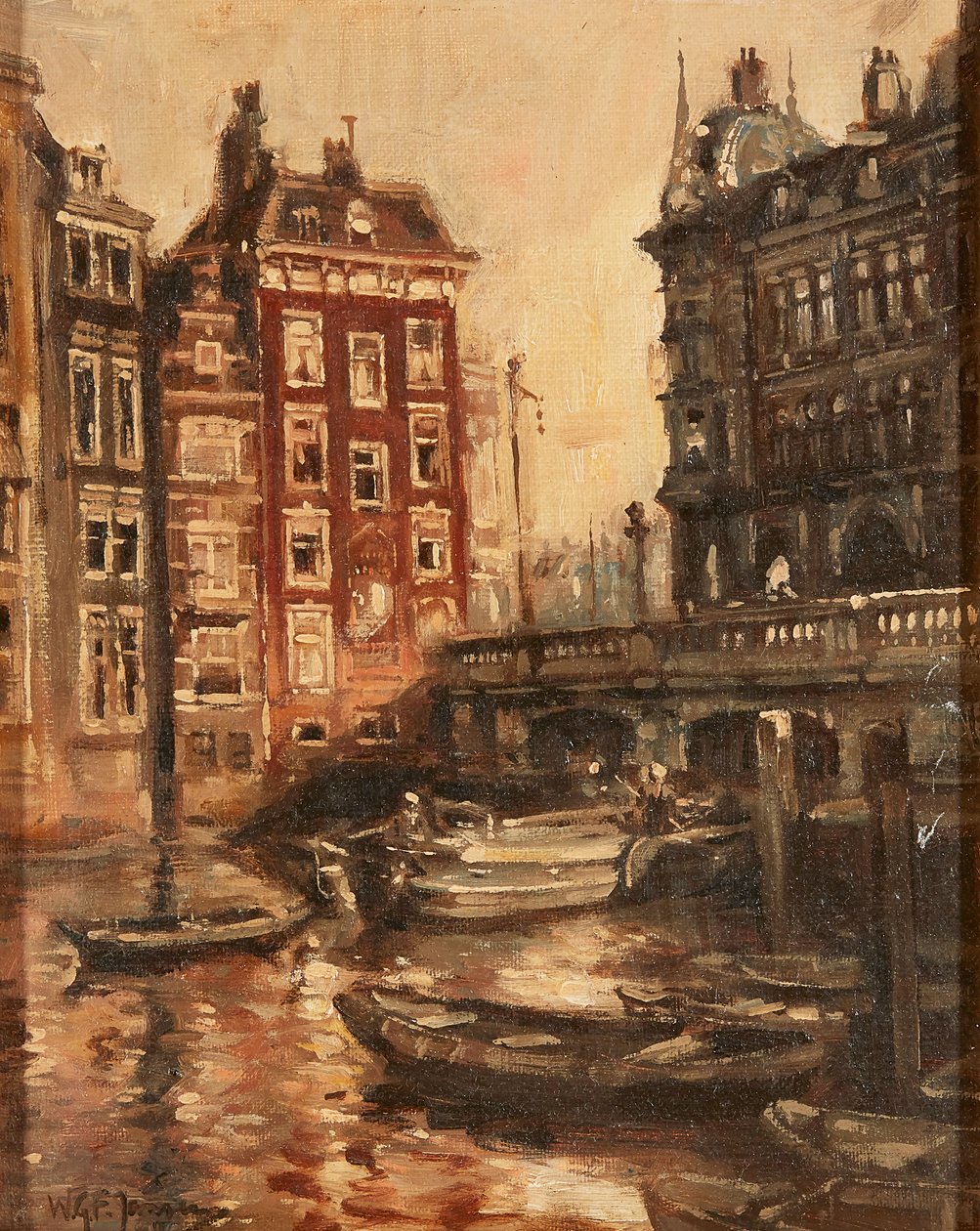 Bro over kanalen, Rotterdam (olje på lerret) av Willem Georg Frederik Jansen