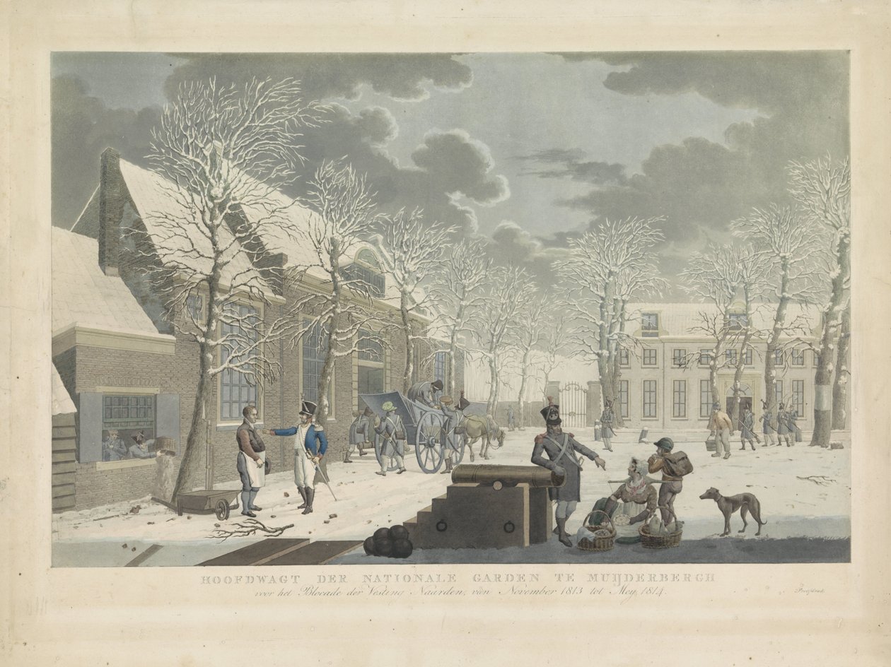 Hovedgarden for nasjonalgarden ved Muiderberg, 1813-1814 Hoofdwagt der Nationale Garden i Muijderberch foran Blocade der Vesting Naarden, fra november 1813 til Mey 1814 (tittel på objekt) av Willem Hendrik Hoogkamer (attributed to)