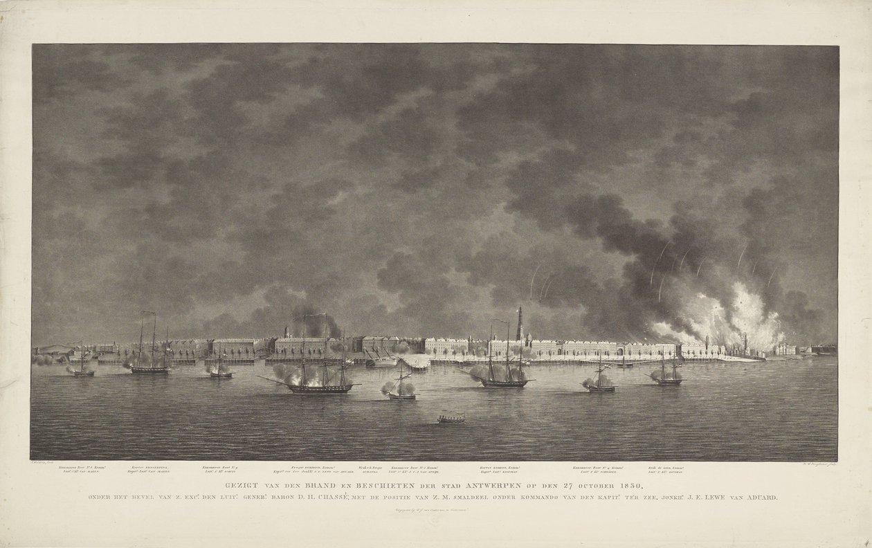 Utsikt over merkevaren og skytingen av byen Antwerpen 27. oktober 1830, under kommando av Z. Exc.e Luit.t Gener.l Baron DH Chassé; med stillingen som ZM Smaldeel under kommando av van den Kapit.n ter Zee, Jonkh.r JE Lewe van Aduard (tittel på obj av Willem Hendrik Hoogkamer