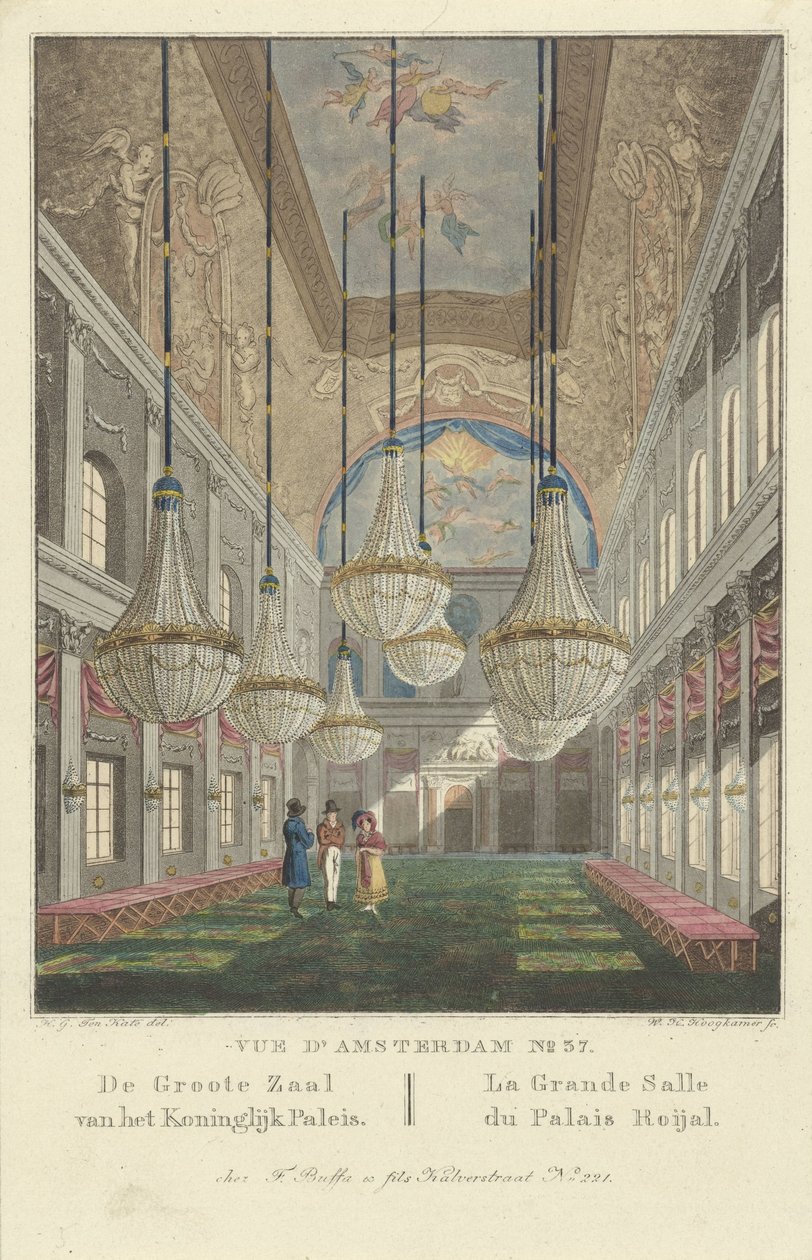 Interiør av det kongelige palass Amsterdam Vue d'Amsterdam No.37. The Great Hall of the Royal Palace (tittel på objekt) av Willem Hendrik Hoogkamer