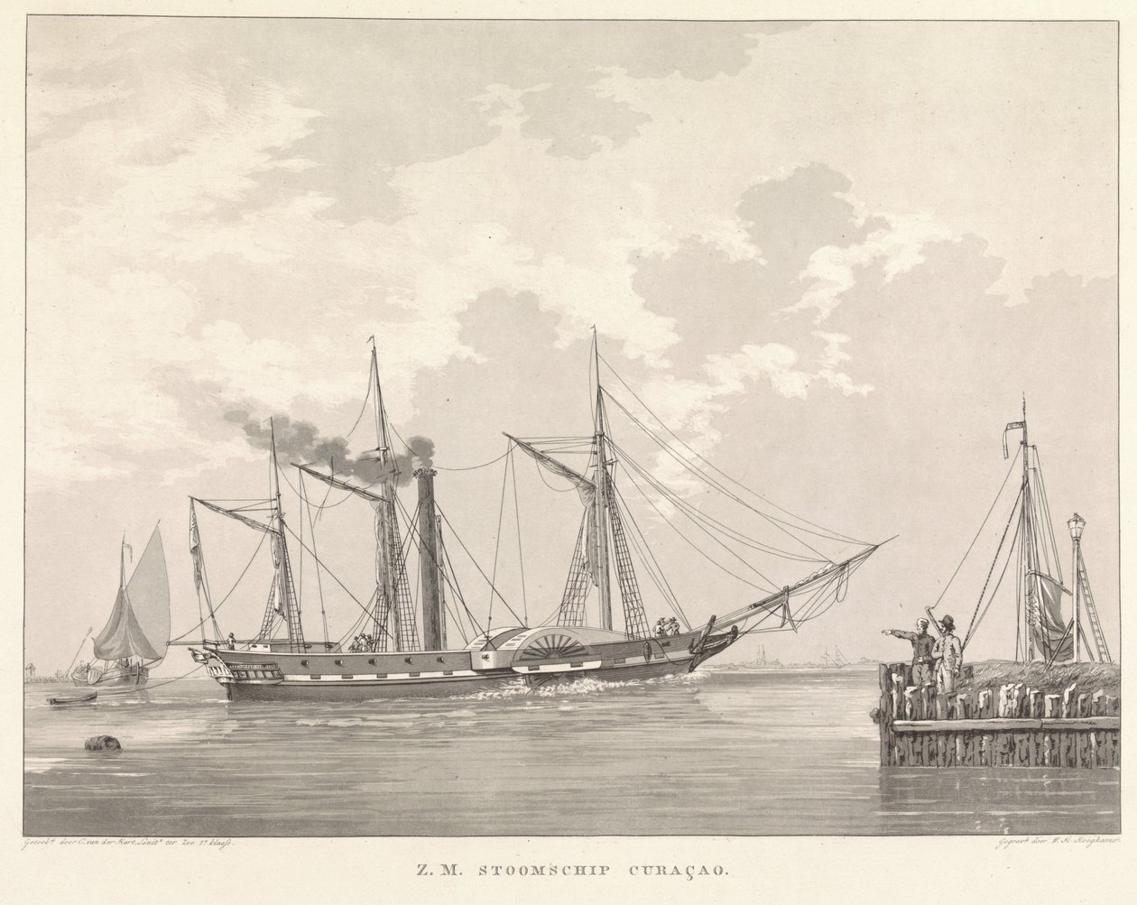 Hjuldamper på en kai Z.M. Steamship Curaçao (tittel på objekt) av Willem Hendrik Hoogkamer