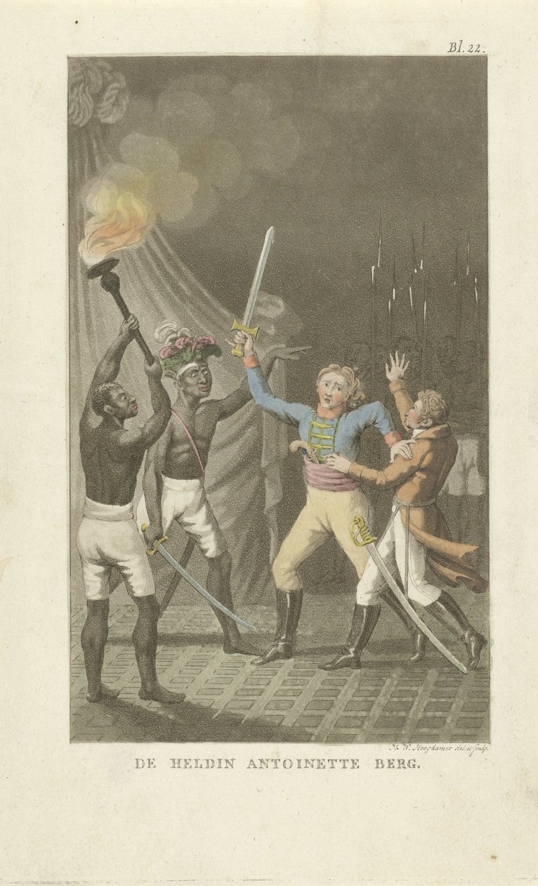To skikkelser med sverd med to svarte menn Heltinnen Antoinette Berg (tittel på objekt) av Willem Hendrik Hoogkamer