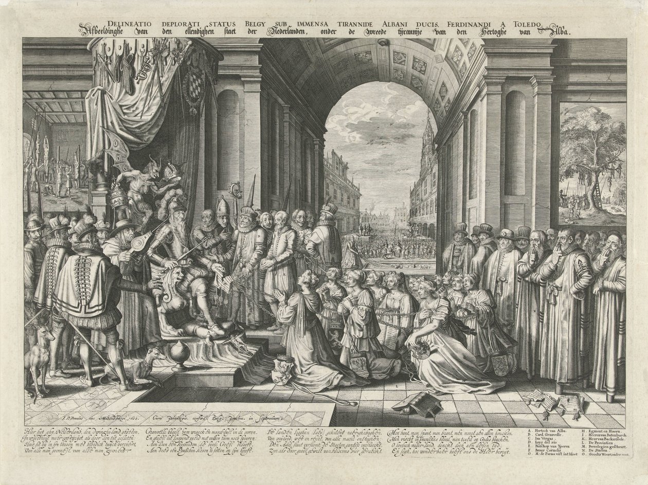 Tyranni av Alba, ca. 1569 Delineatio deplorati status Belgia sub immensa tyrannide Albani ducis, Ferdinandi a Toledo (tittel på objekt) Bilde av den elendige staten Nederland, under hertugen av Albas grusomme tyranni (tittel på av Willem Jacobsz Delff (attributed to)