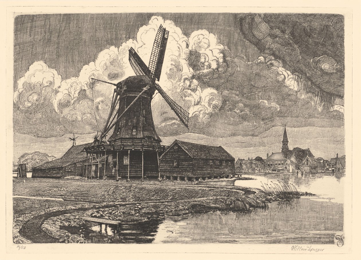 Vindmølle de Bonte Hen av Willem Jansen (graveur) (signed by artist)