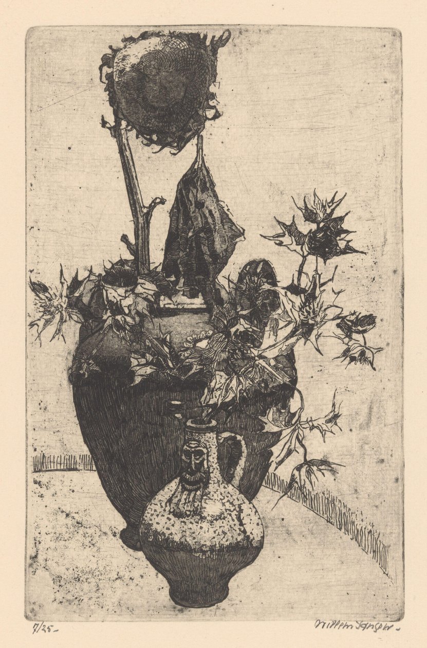 Stilleben med vissen solsikke av Willem Jansen (graveur) (signed by artist)
