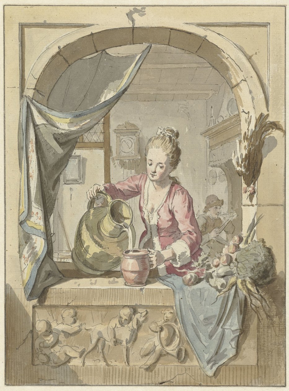 Kvinne heller melk fra en kanne, inn i et vindu av Willem Joseph Laquy