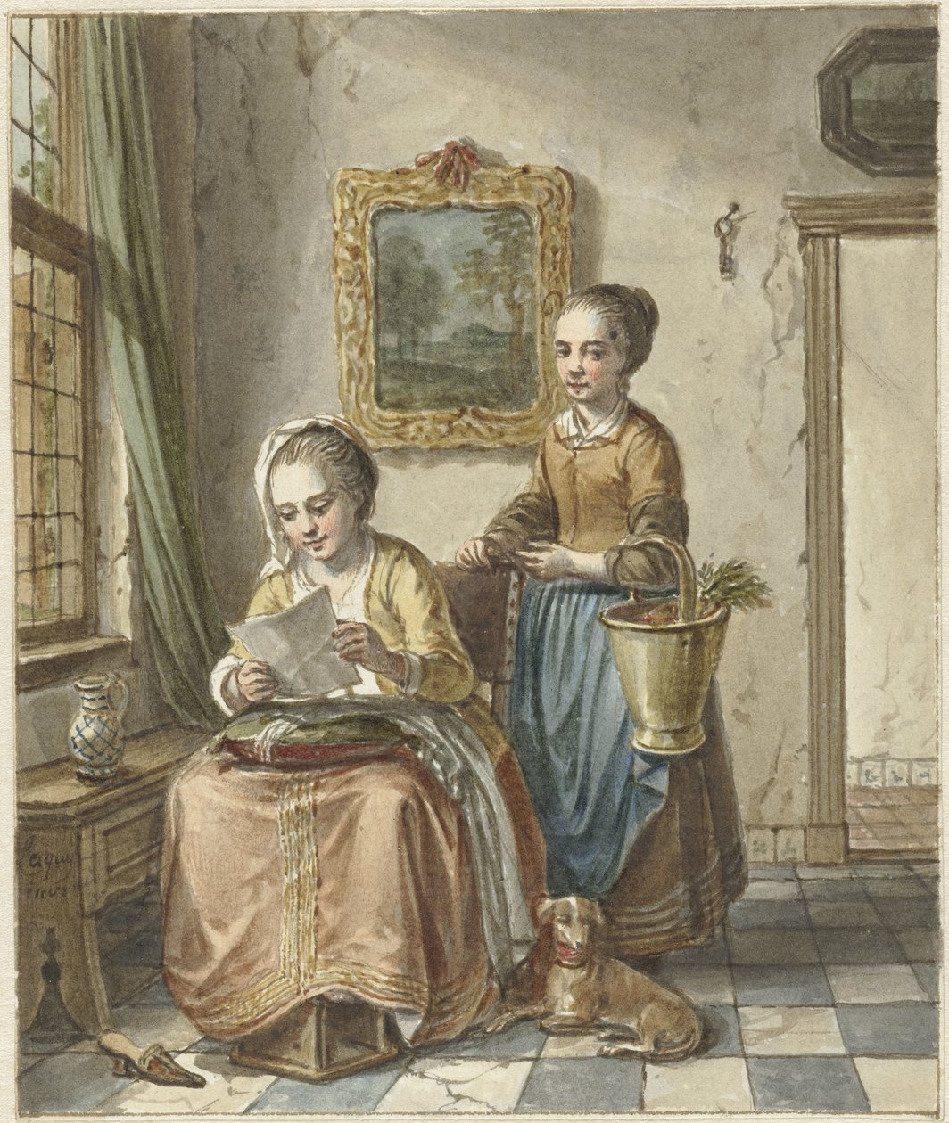 Sittende kvinne med hushjelp, leser et brev av Willem Joseph Laquy