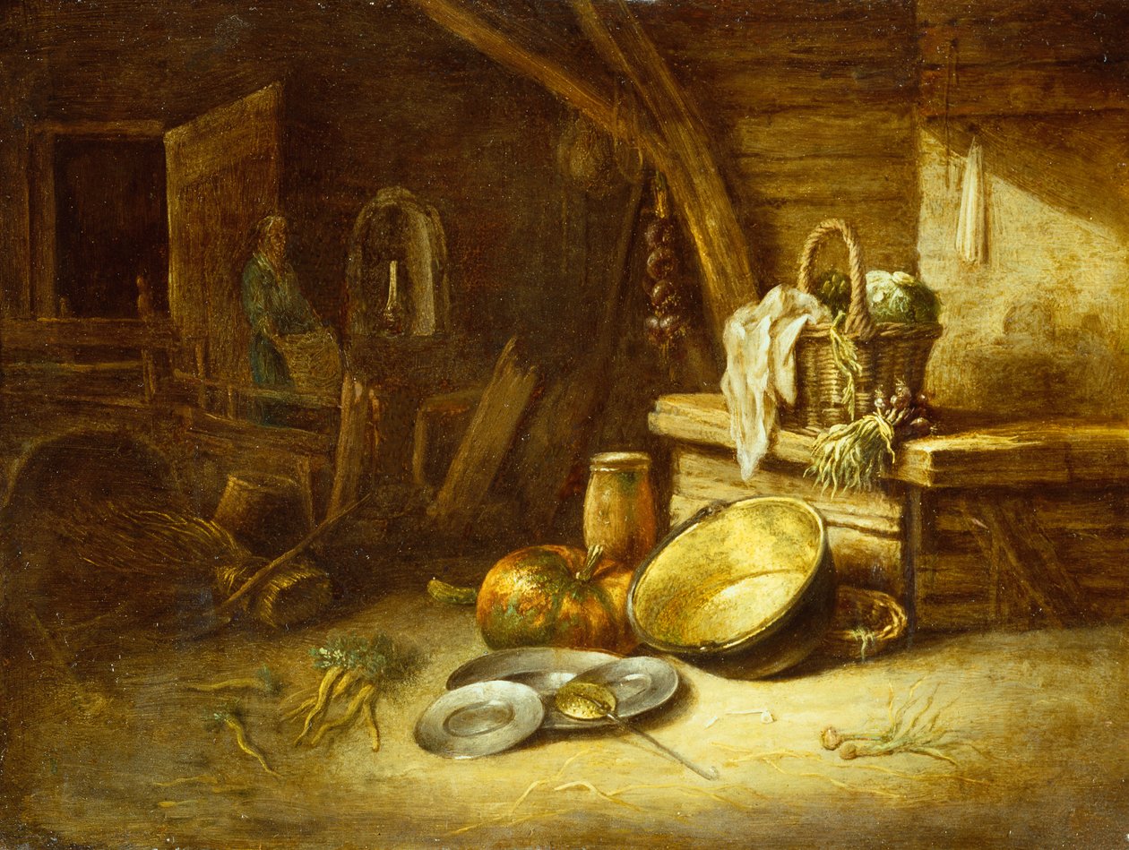 Et kjøkken med grønnsaker i en kurv, tinntallerkener og et gresskar (olje på kobber) av Willem Kalf