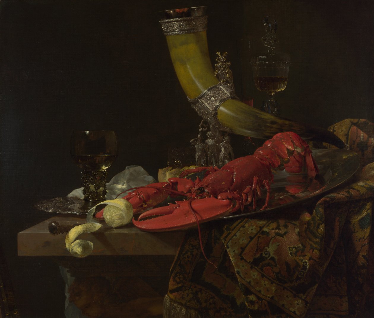 Stilleben med drikkehornet til Saint Sebastian Archers Guild, hummer og briller, ca. 1653 av Willem Kalf