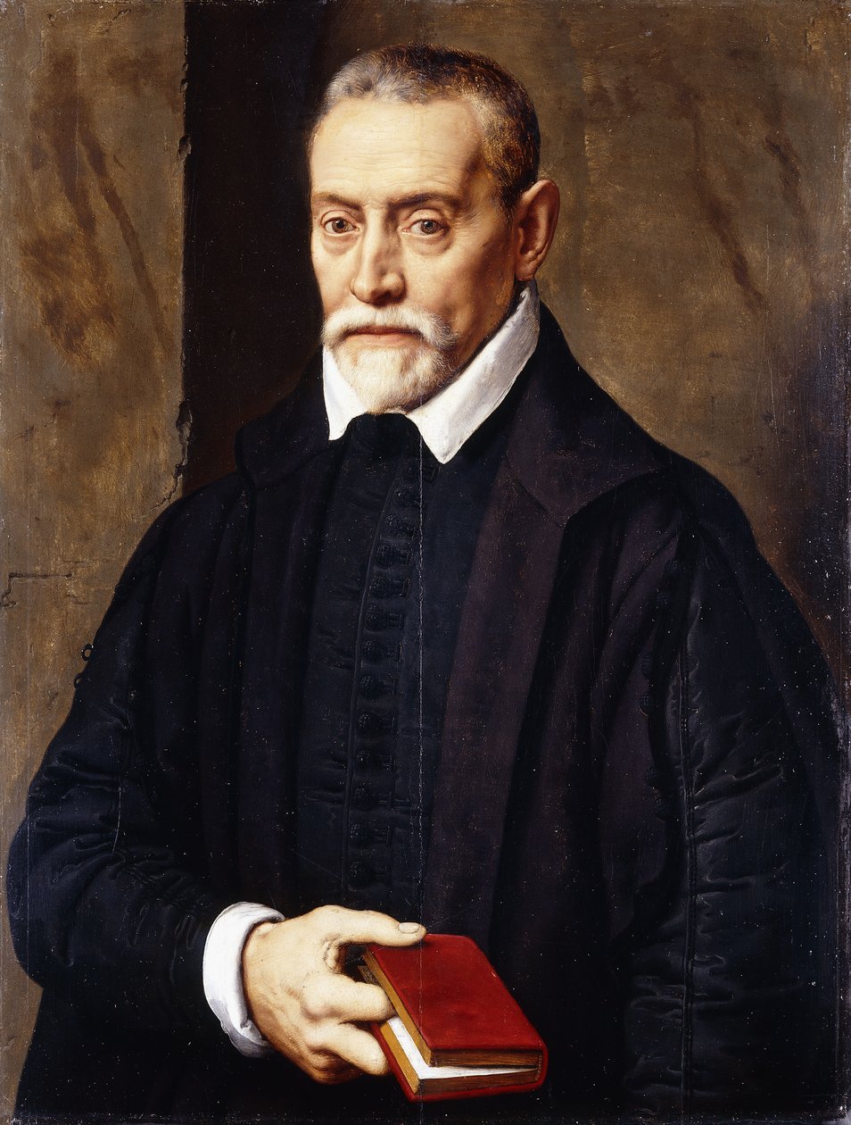 Portrett av en akademiker, halvlang, i svart kostyme, med en bok, av Willem Key