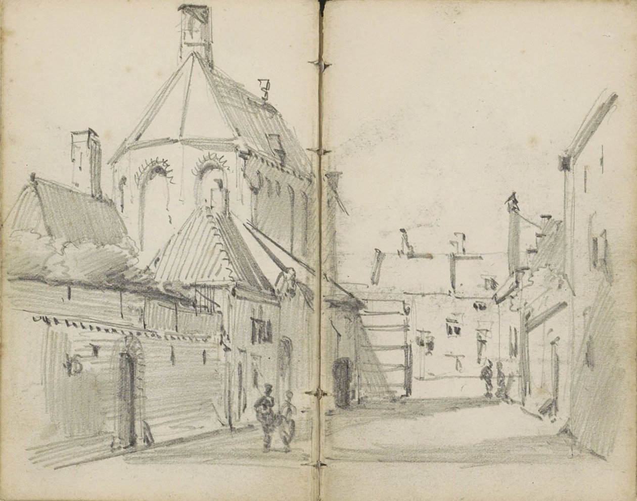 Landsbygaten med en kirke og figurer av Willem Koekkoek