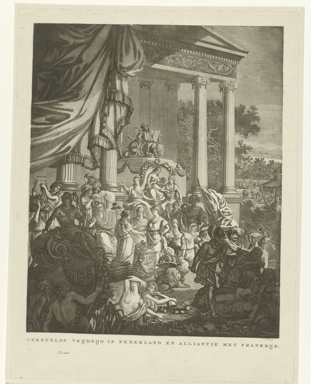 Allegorisk representasjon av alliansen mellom Nederland og Frankrike, 1795 Gjenopprettet frihet i Nederland og allianse med Frankrike (tittel på objekt) av Willem Kok