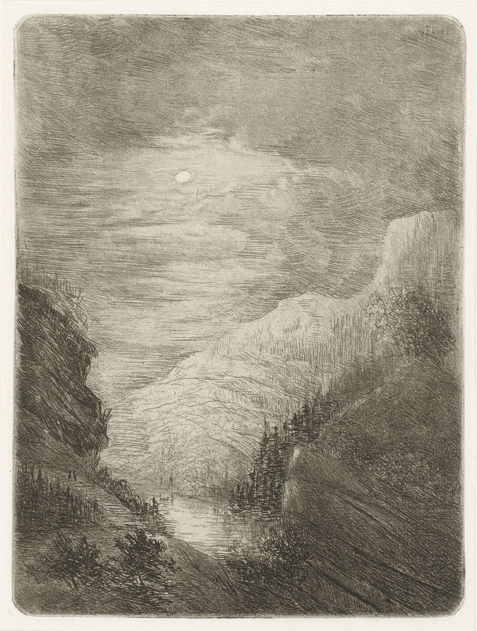 Fjelllandskap med elv i måneskinn av Willem Matthias Jan van Dielen