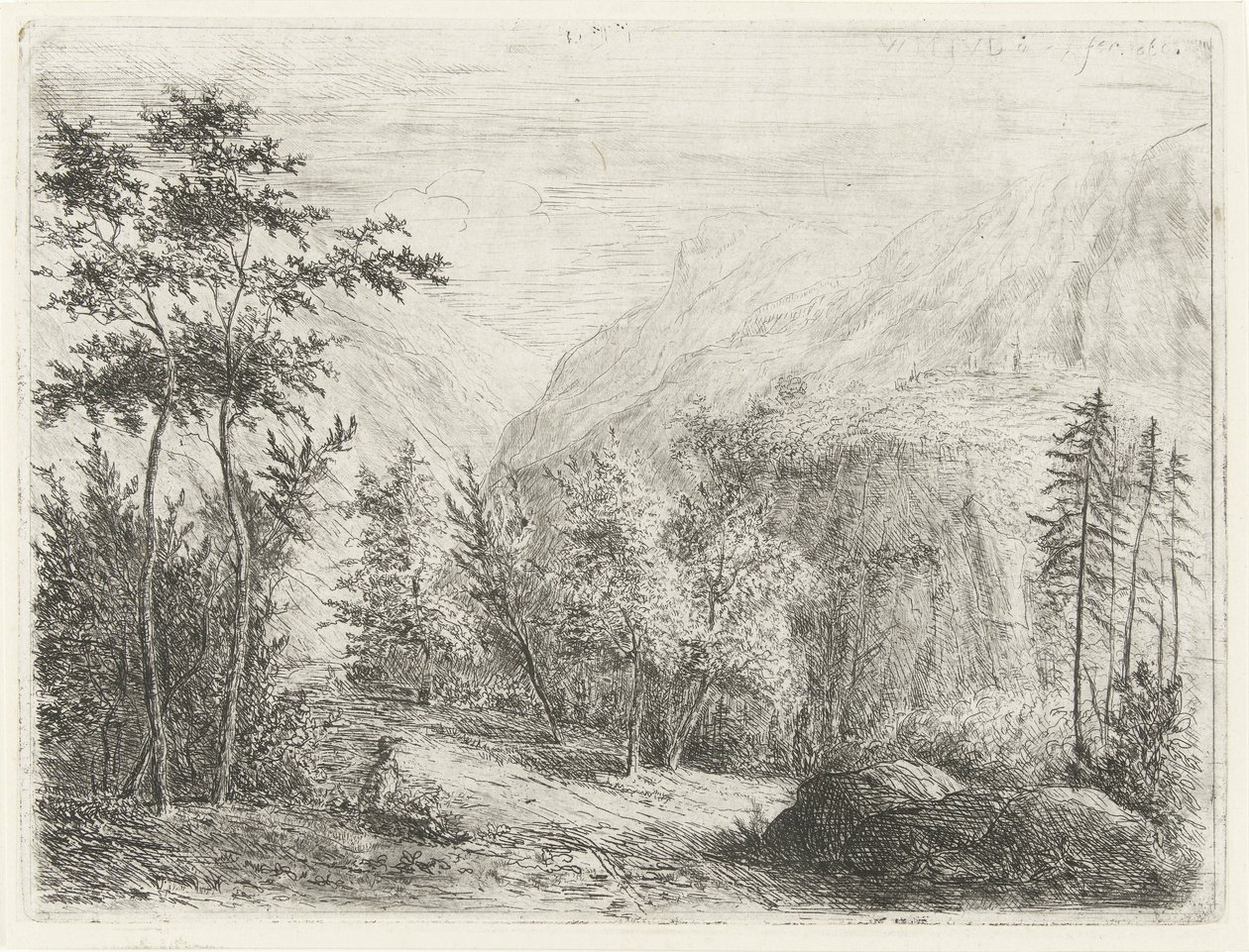 Fjelllandskap med hvilende figur langs veien av Willem Matthias Jan van Dielen