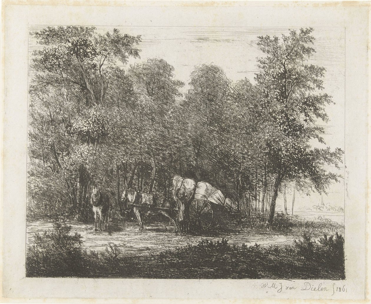 Landskap med en mann med fullastet vogn og en spennet hest av Willem Matthias Jan van Dielen