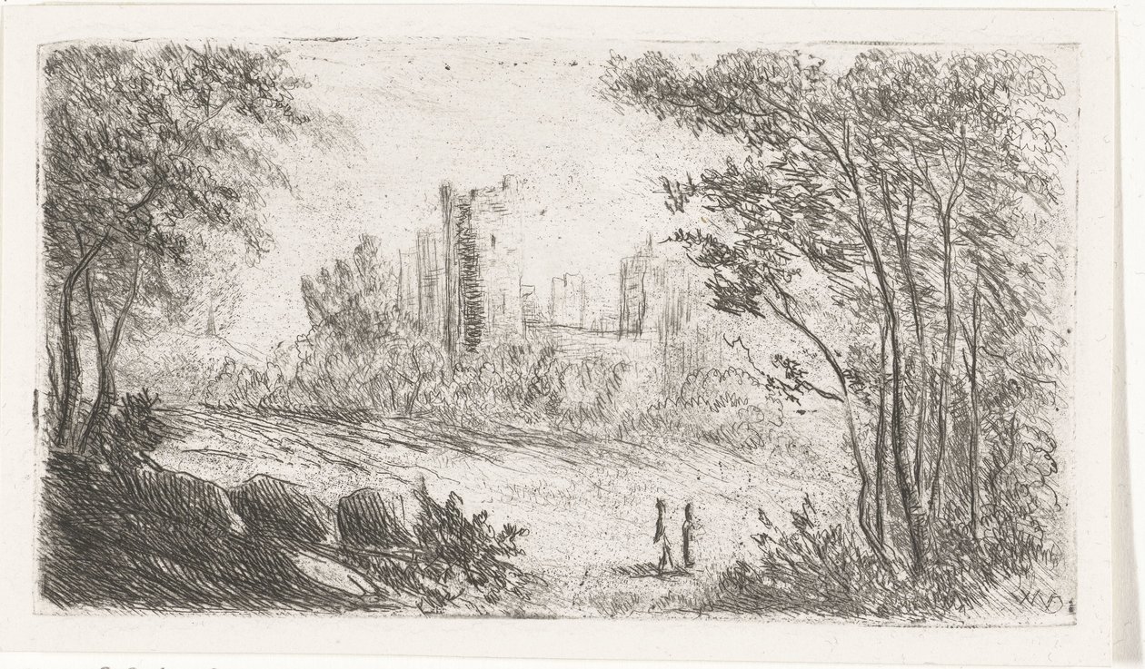 Landskap med ruiner av slott og to figurer av Willem Matthias Jan van Dielen