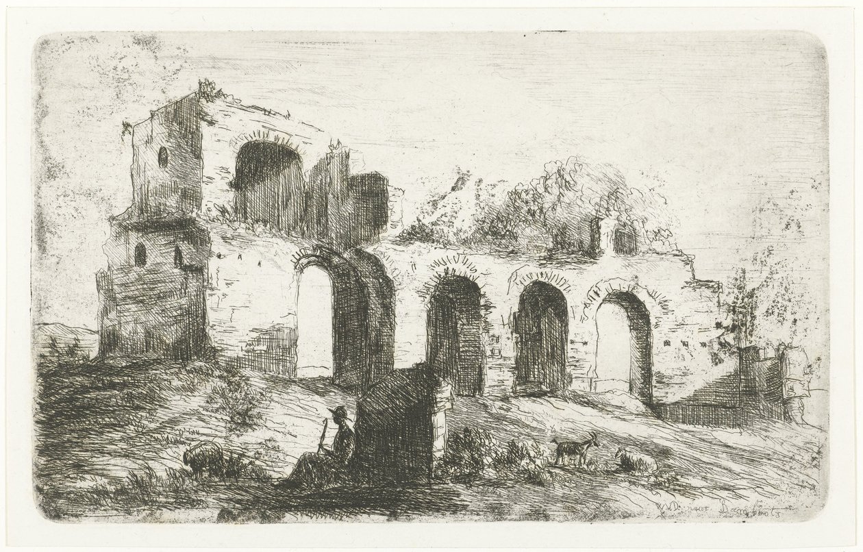 Sørlandskap med ruin og gjeter med storfe av Willem Matthias Jan van Dielen