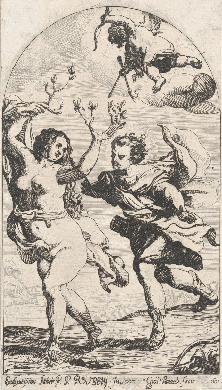 Daphne flykter fra Apollo, med Cupid over hodet, 1631. av Willem Panneels