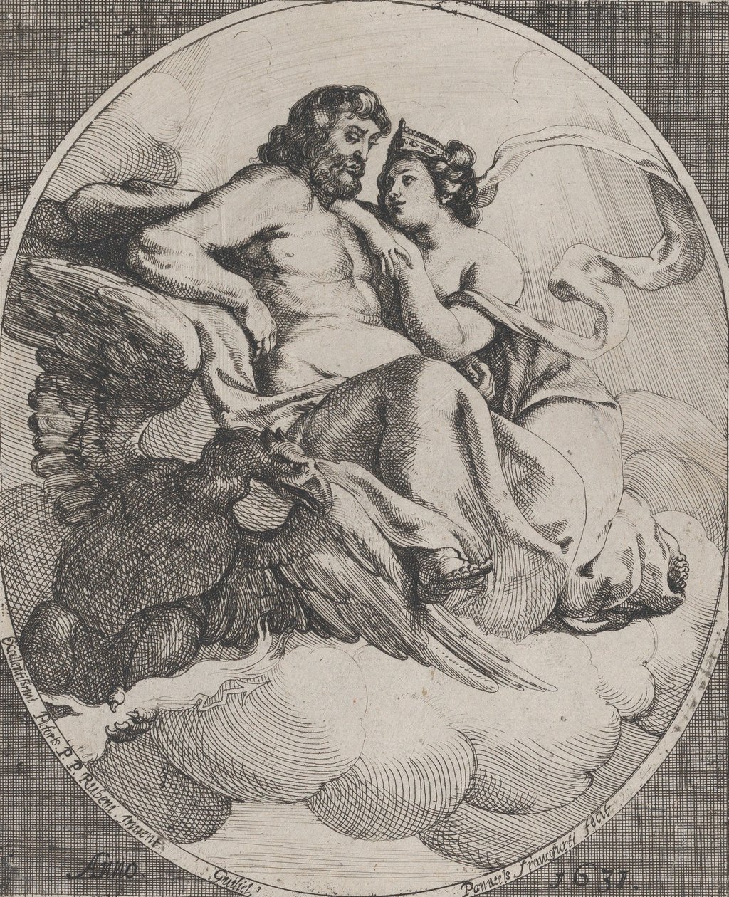 Jupiter og Juno satt på skyer, med en ørn som holder tordenbolter under til venstre, 1631. av Willem Panneels