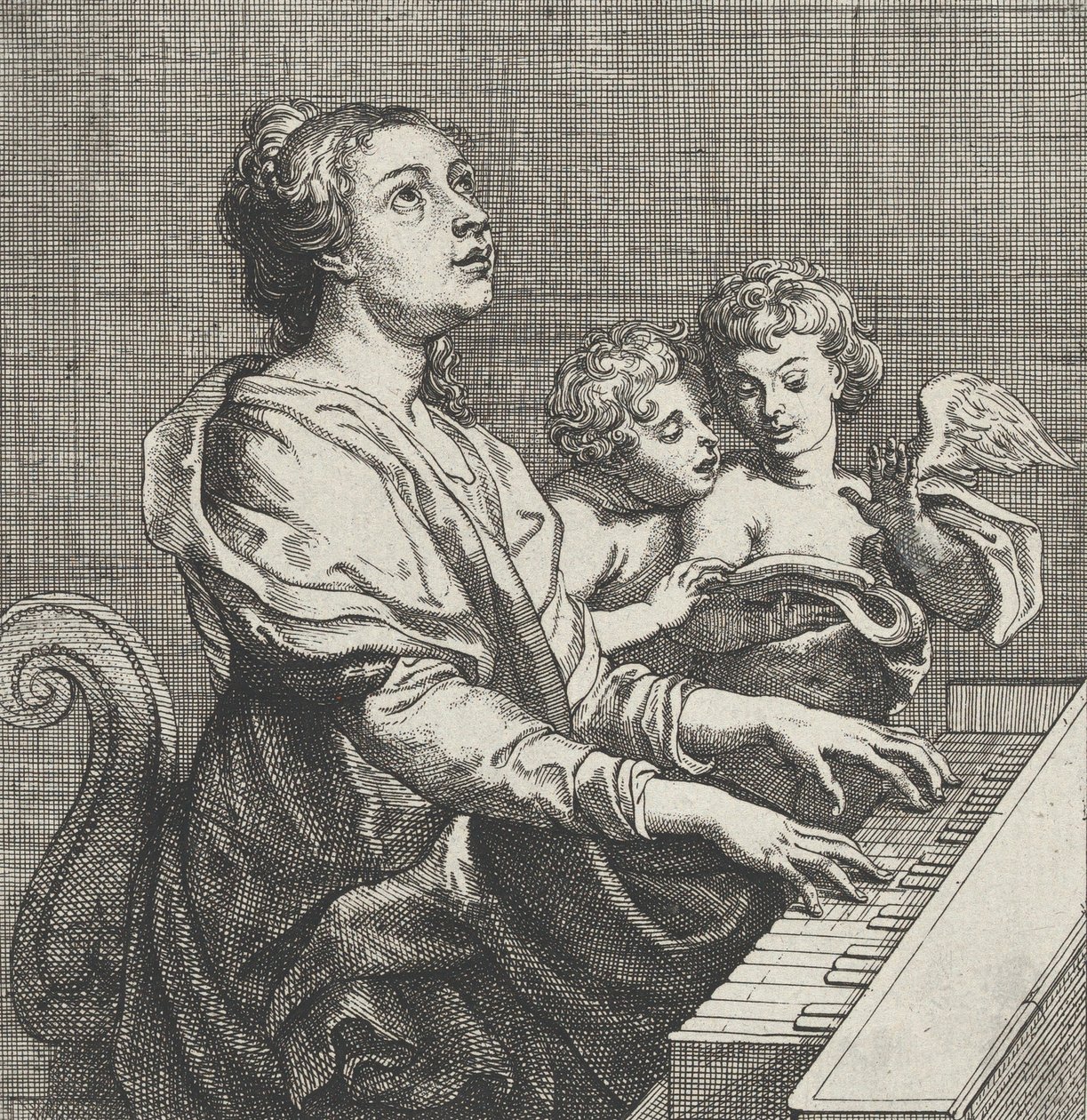 Saint Cecilia spiller orgel med to putti til høyre, ca. 1631. av Willem Panneels