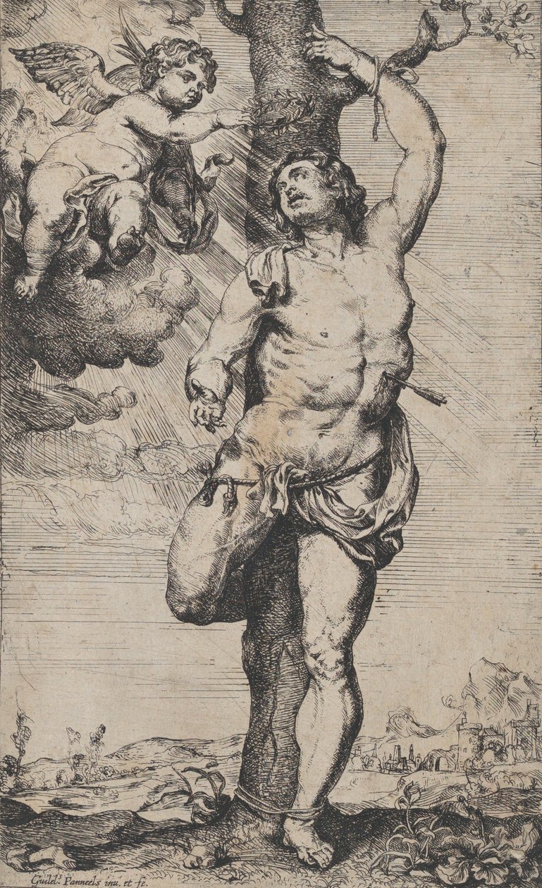 The Martyrium of Saint Sebastian, med engler som kronet ham øverst til venstre, ca. 1620-32.. av Willem Panneels