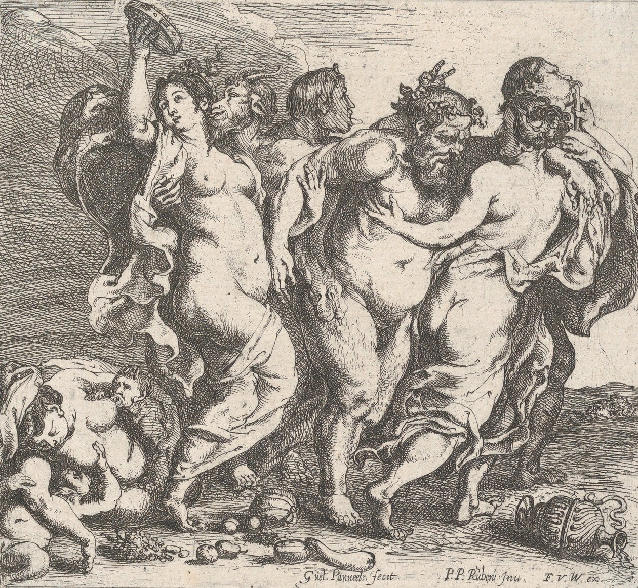 Den berusede Silenus, akkompagnert av nymfer og satyrer, 1632. av Willem Panneels