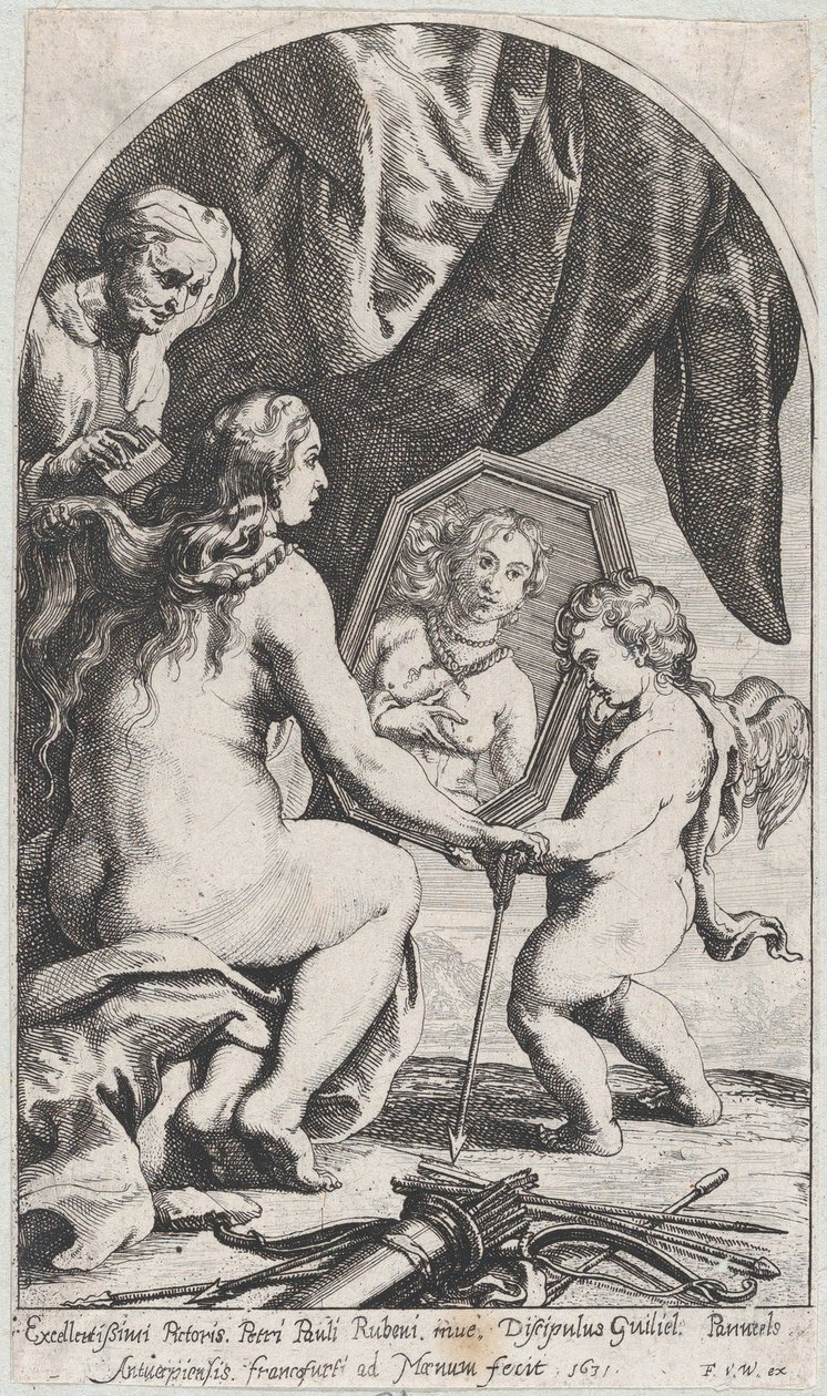 Venus foran et speil holdt av Amor mens håret hennes er kjemmet av en gammel kvinne, 1631. av Willem Panneels