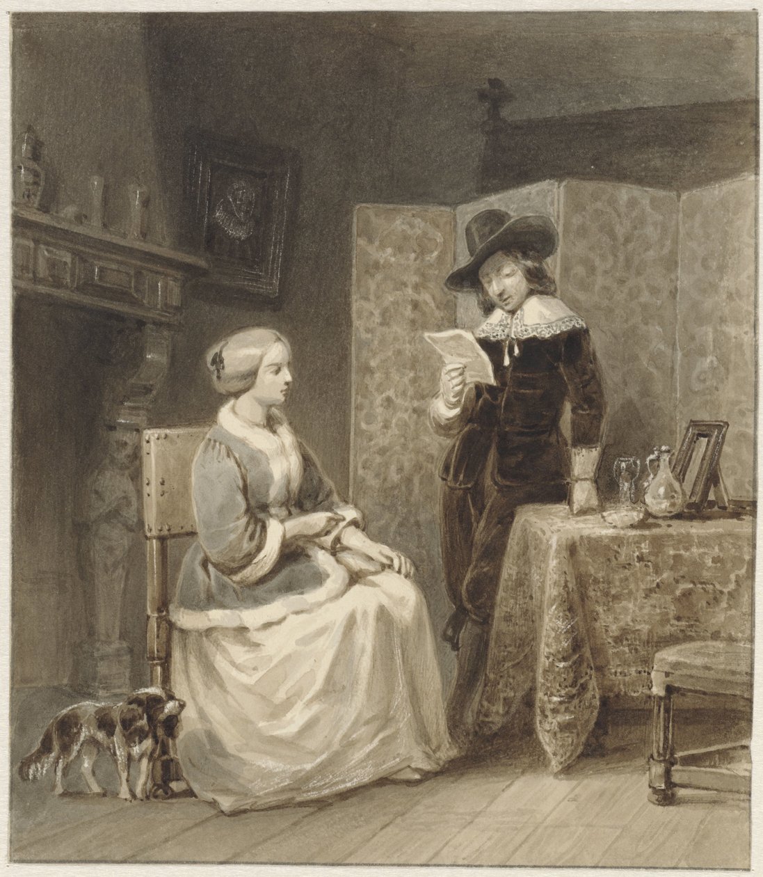 Historisk interiør med sittende kvinne og stående, lesende mann av Willem Pieter Hoevenaar